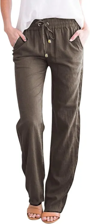 Cotton Linen Pants for Women 2025 Straight Leg Drawstring Long Trouser Loose High Waist Beach Pant with Pockets