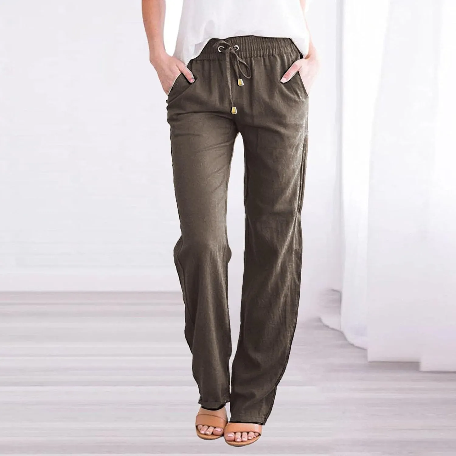 Cotton Linen Pants for Women 2025 Straight Leg Drawstring Long Trouser Loose High Waist Beach Pant with Pockets