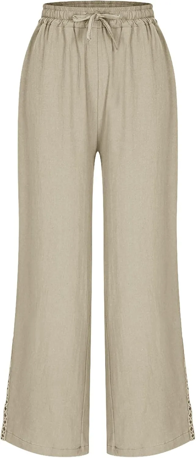Cotton Linen Pants for Women 2025 Trendy Summer Wide Leg Pants with Pocket Beach Vacation Ankle Length Slacks Trouser