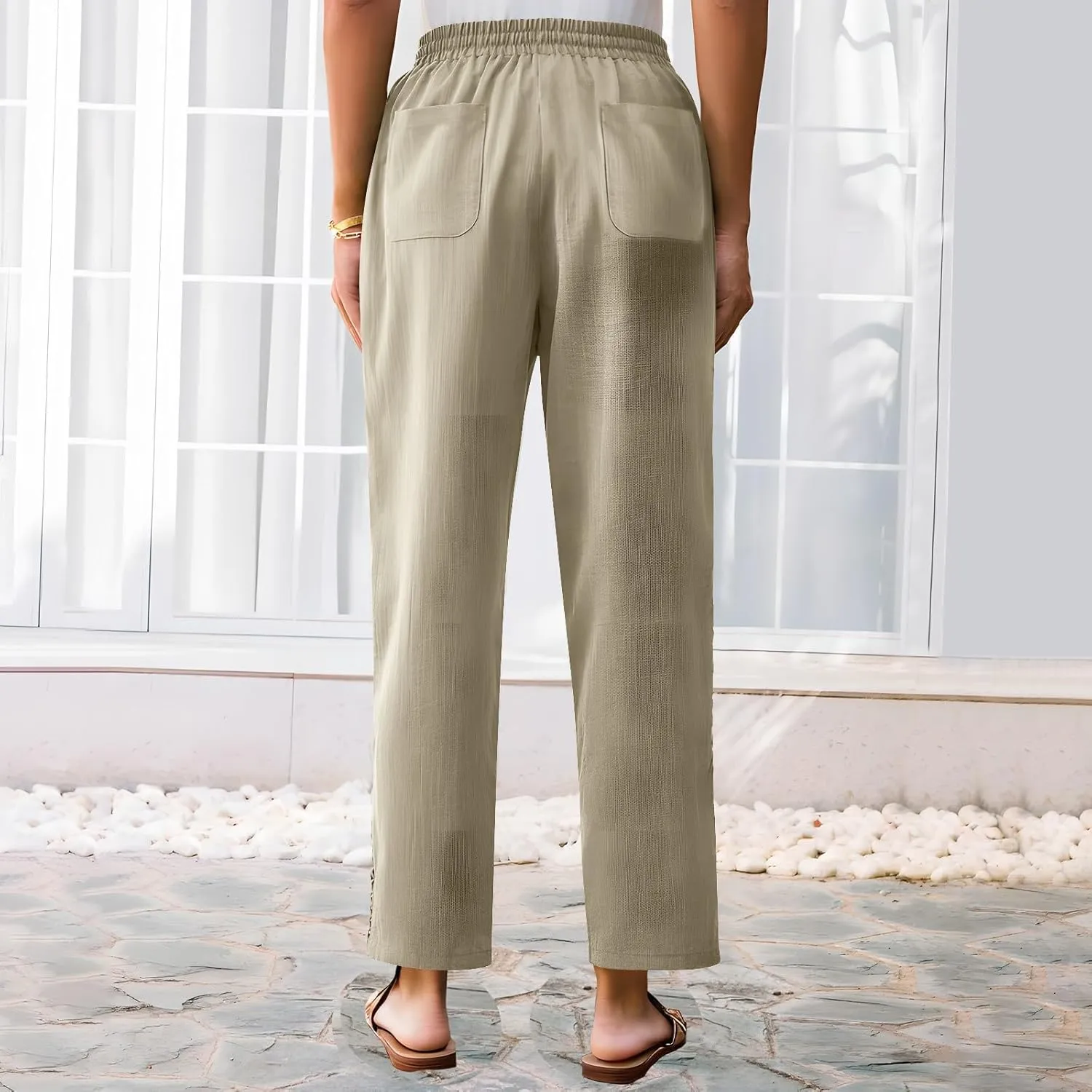 Cotton Linen Pants for Women 2025 Trendy Summer Wide Leg Pants with Pocket Beach Vacation Ankle Length Slacks Trouser