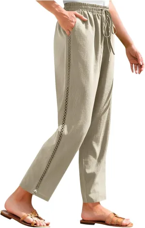 Cotton Linen Pants for Women 2025 Trendy Summer Wide Leg Pants with Pocket Beach Vacation Ankle Length Slacks Trouser