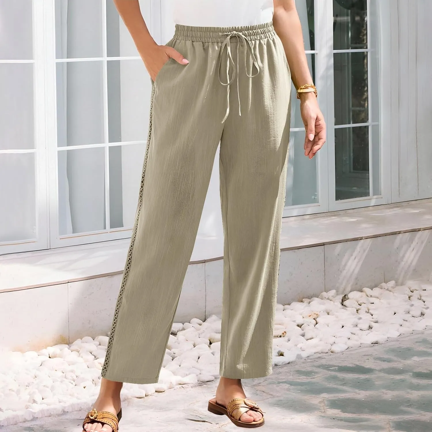 Cotton Linen Pants for Women 2025 Trendy Summer Wide Leg Pants with Pocket Beach Vacation Ankle Length Slacks Trouser