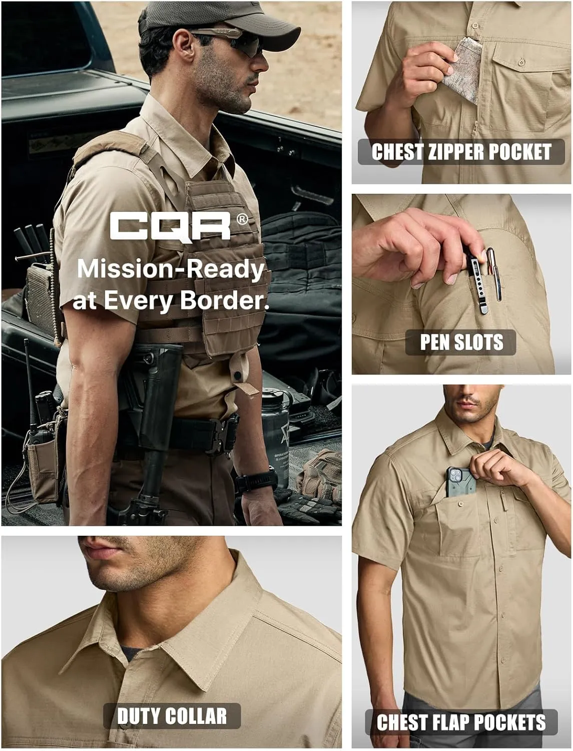 CQR Men's Short Sleeve Tactical Shirts, UPF 50  Ripstop Military Work Shirts, Breathable Button Down Outdoor Hiking Shirt