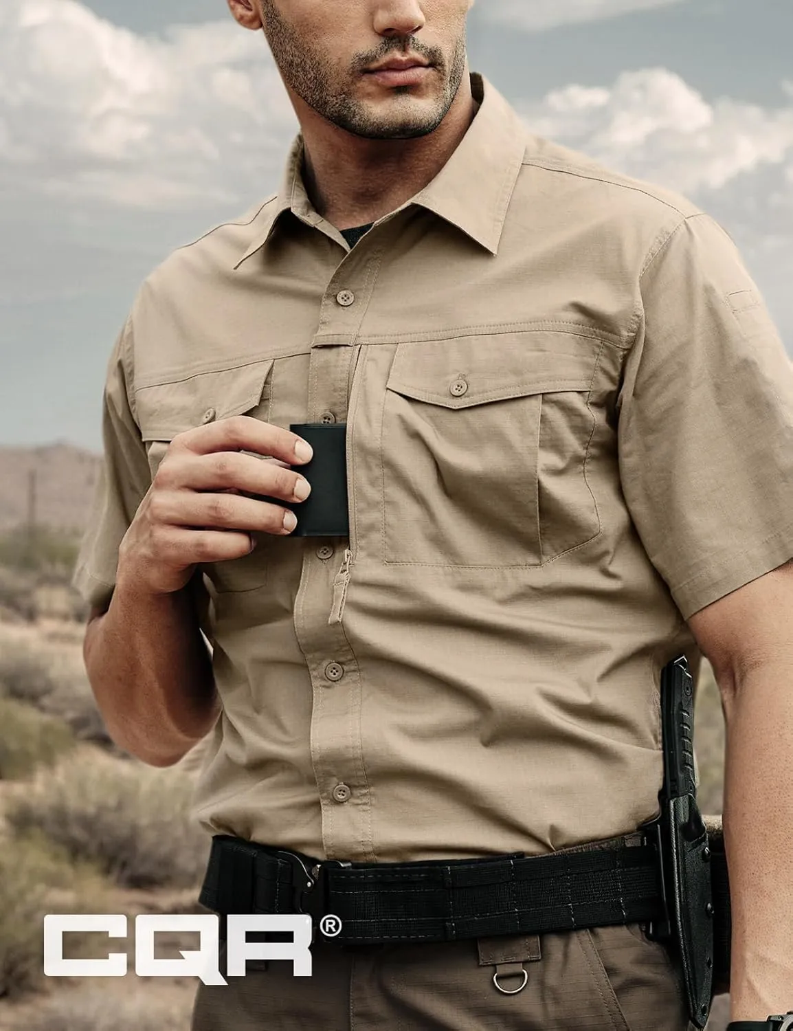 CQR Men's Short Sleeve Tactical Shirts, UPF 50  Ripstop Military Work Shirts, Breathable Button Down Outdoor Hiking Shirt