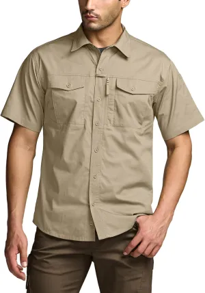 CQR Men's Short Sleeve Tactical Shirts, UPF 50  Ripstop Military Work Shirts, Breathable Button Down Outdoor Hiking Shirt