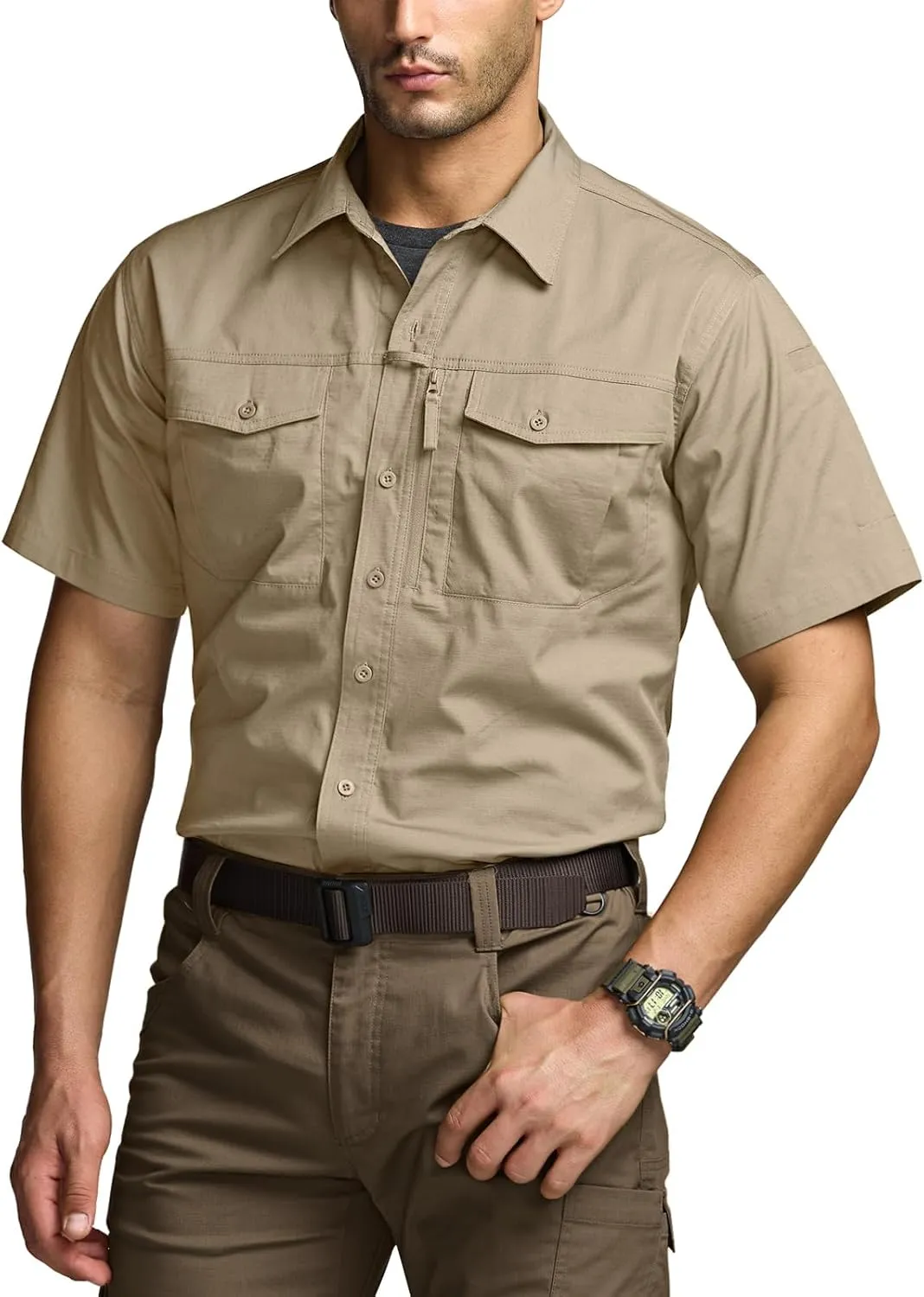 CQR Men's Short Sleeve Tactical Shirts, UPF 50  Ripstop Military Work Shirts, Breathable Button Down Outdoor Hiking Shirt