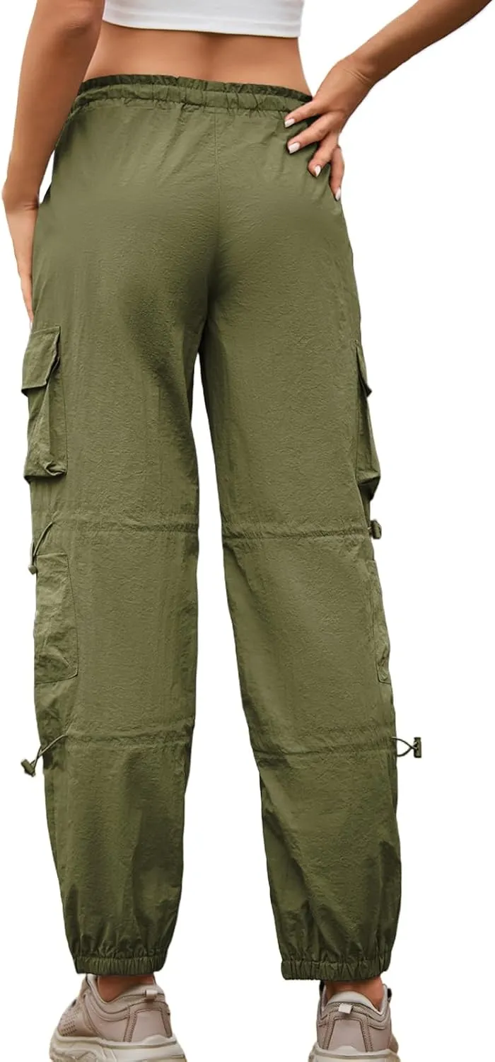 Cromoncent Girls&Womens High Waist Parachute Lightweight Pants Y2K Cargo Trousers with Pockets 6 Years-Women 2XL