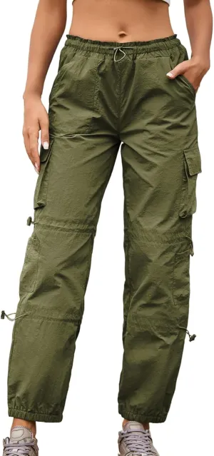 Cromoncent Girls&Womens High Waist Parachute Lightweight Pants Y2K Cargo Trousers with Pockets 6 Years-Women 2XL
