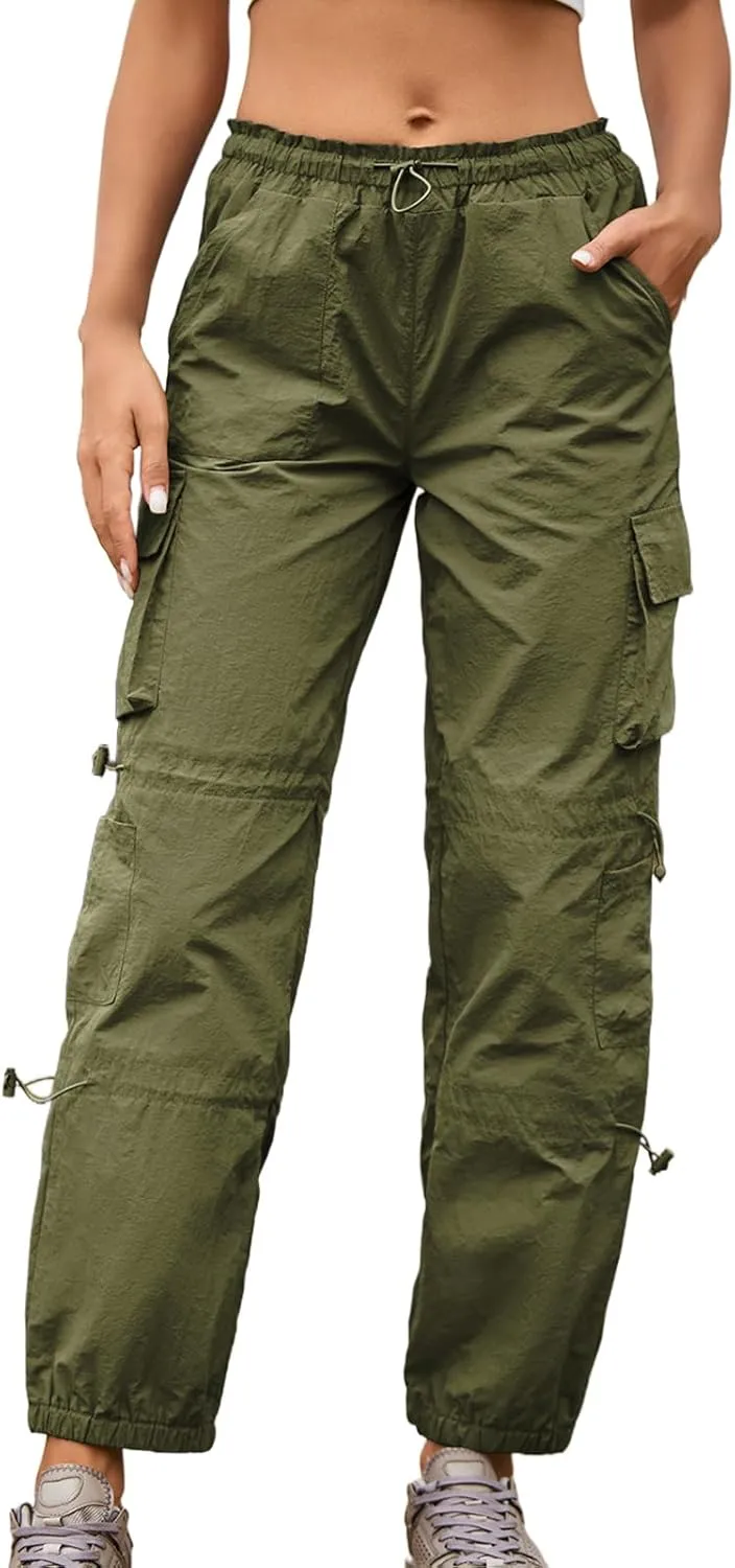 Cromoncent Girls&Womens High Waist Parachute Lightweight Pants Y2K Cargo Trousers with Pockets 6 Years-Women 2XL