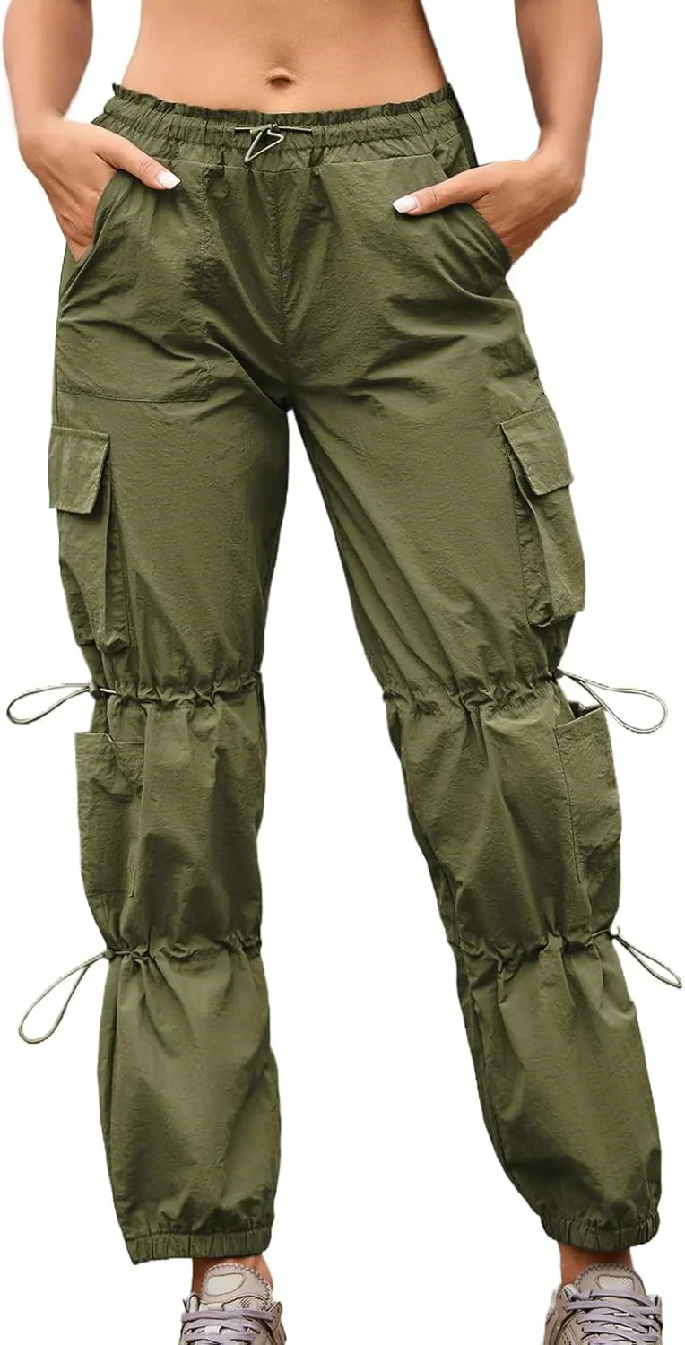 Cromoncent Girls&Womens High Waist Parachute Lightweight Pants Y2K Cargo Trousers with Pockets 6 Years-Women 2XL