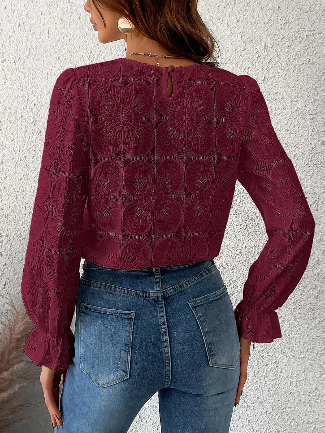 CUPSHE Women Eyelet Long Sleeve Tops Shirts Dressy Hollow Out Crochet Lace Embroidered Blouses 2025 Fashion