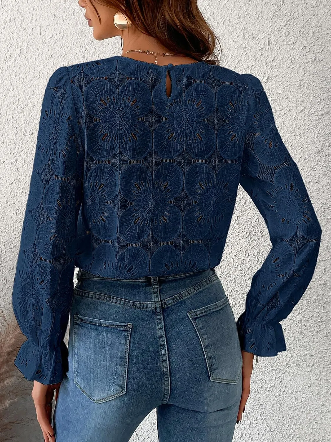 CUPSHE Women Eyelet Long Sleeve Tops Shirts Dressy Hollow Out Crochet Lace Embroidered Blouses 2025 Fashion