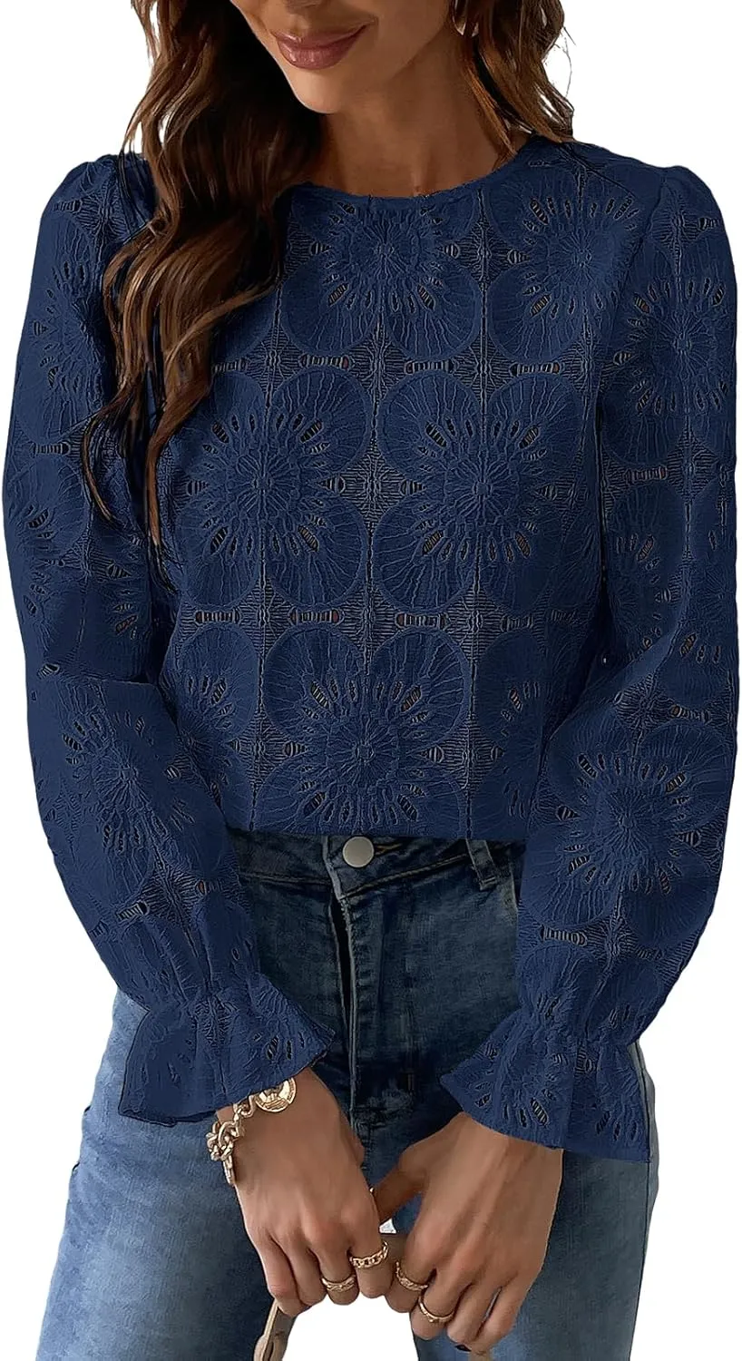 CUPSHE Women Eyelet Long Sleeve Tops Shirts Dressy Hollow Out Crochet Lace Embroidered Blouses 2025 Fashion