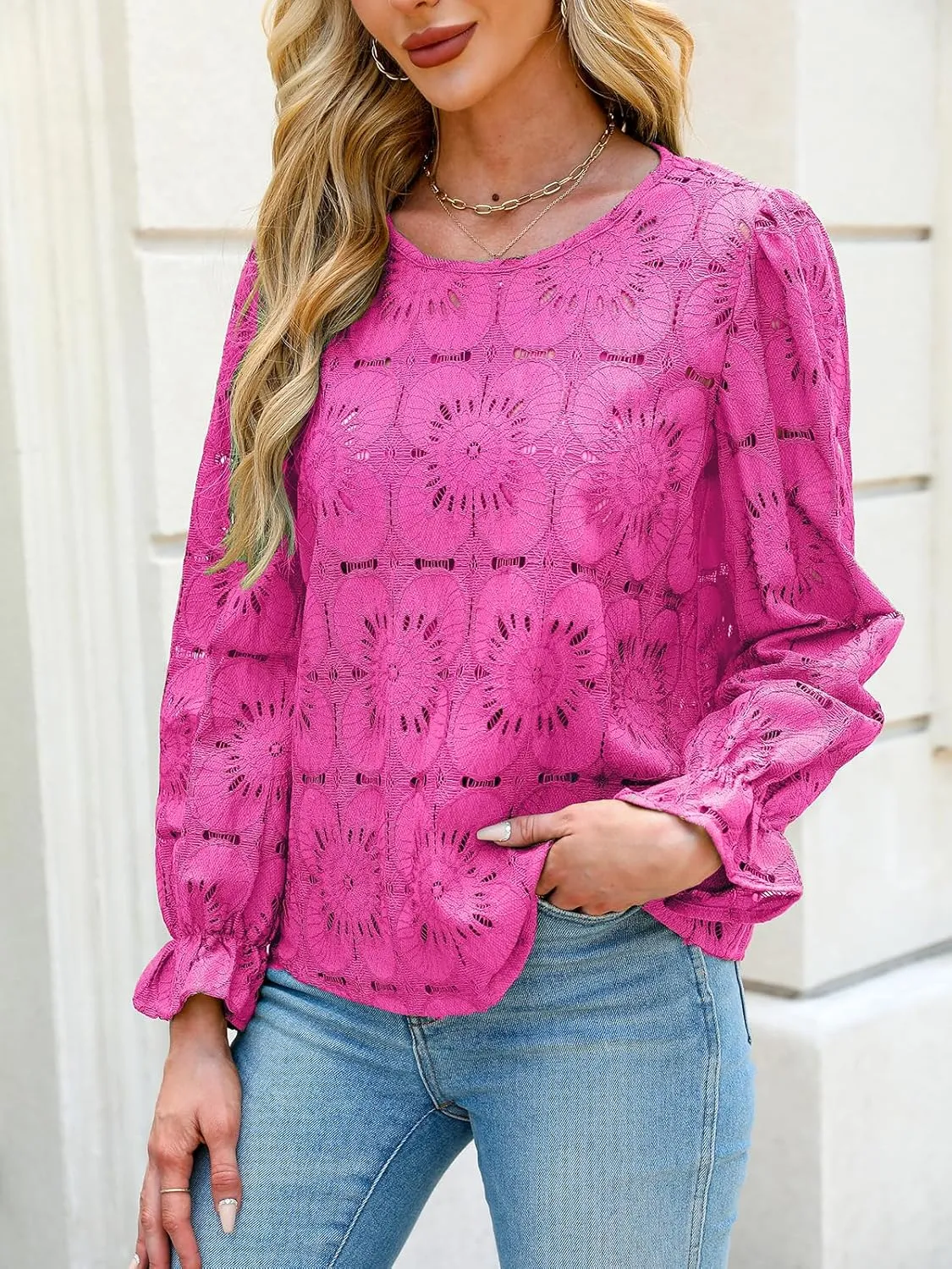 CUPSHE Women Eyelet Long Sleeve Tops Shirts Dressy Hollow Out Crochet Lace Embroidered Blouses 2025 Fashion