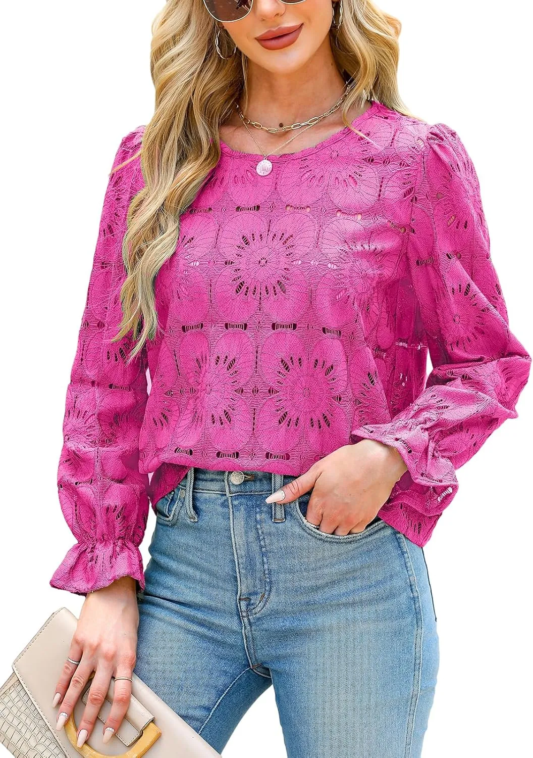 CUPSHE Women Eyelet Long Sleeve Tops Shirts Dressy Hollow Out Crochet Lace Embroidered Blouses 2025 Fashion