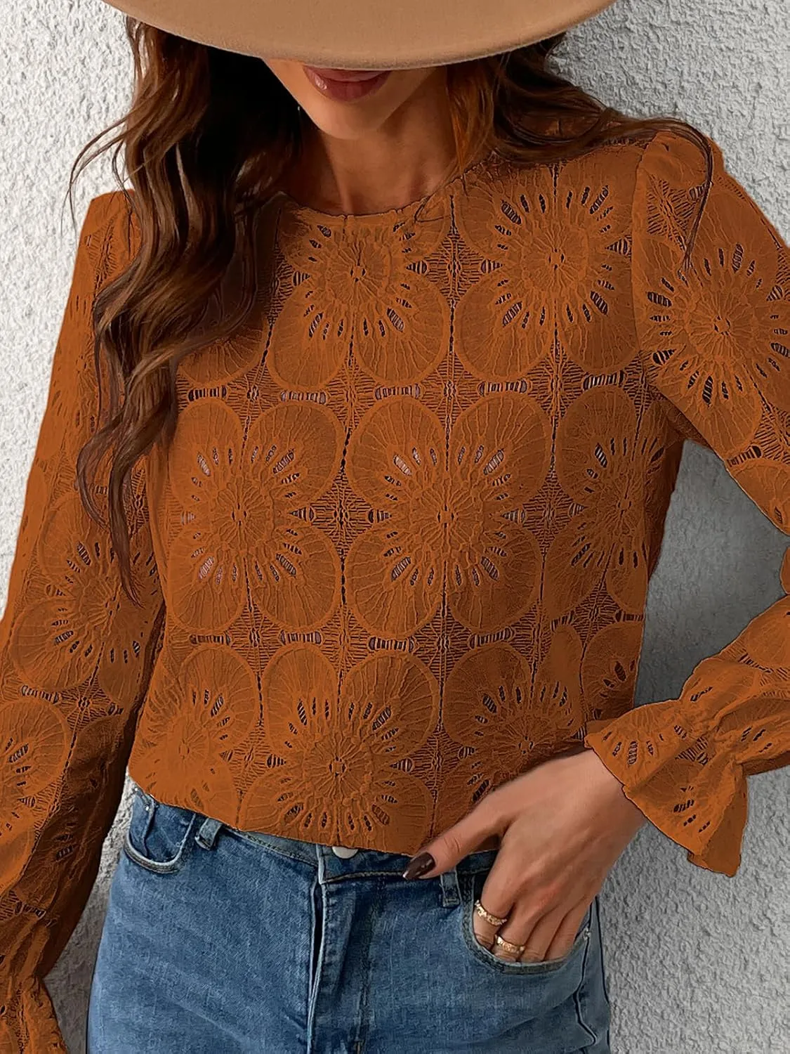CUPSHE Women Eyelet Long Sleeve Tops Shirts Dressy Hollow Out Crochet Lace Embroidered Blouses 2025 Fashion