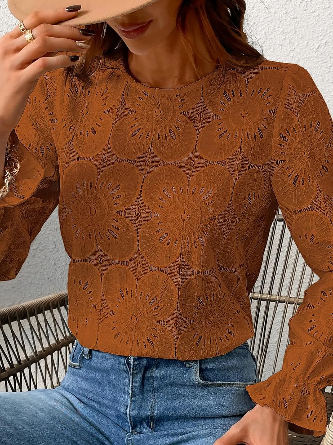 CUPSHE Women Eyelet Long Sleeve Tops Shirts Dressy Hollow Out Crochet Lace Embroidered Blouses 2025 Fashion