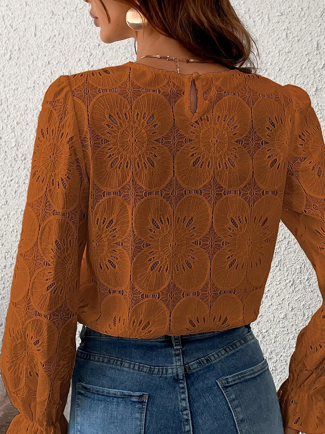 CUPSHE Women Eyelet Long Sleeve Tops Shirts Dressy Hollow Out Crochet Lace Embroidered Blouses 2025 Fashion