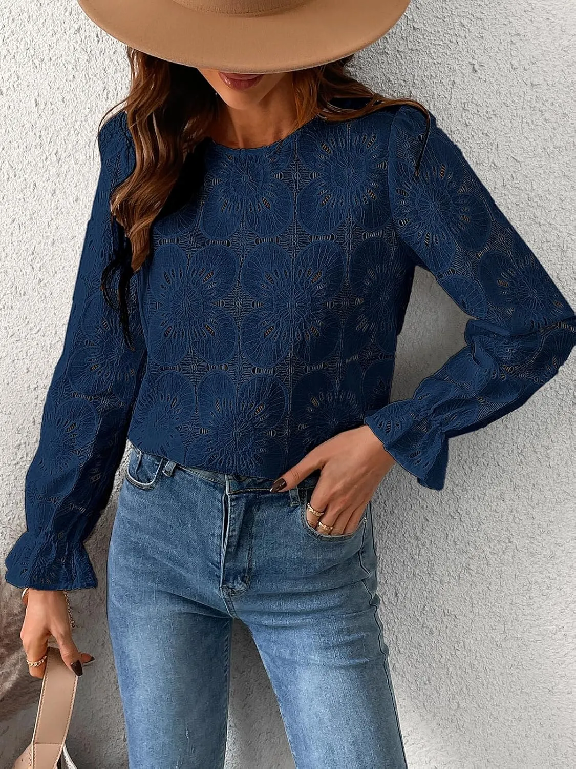 CUPSHE Women Eyelet Long Sleeve Tops Shirts Dressy Hollow Out Crochet Lace Embroidered Blouses 2025 Fashion