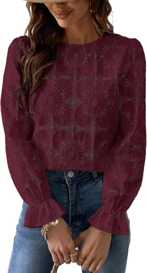 CUPSHE Women Eyelet Long Sleeve Tops Shirts Dressy Hollow Out Crochet Lace Embroidered Blouses 2025 Fashion