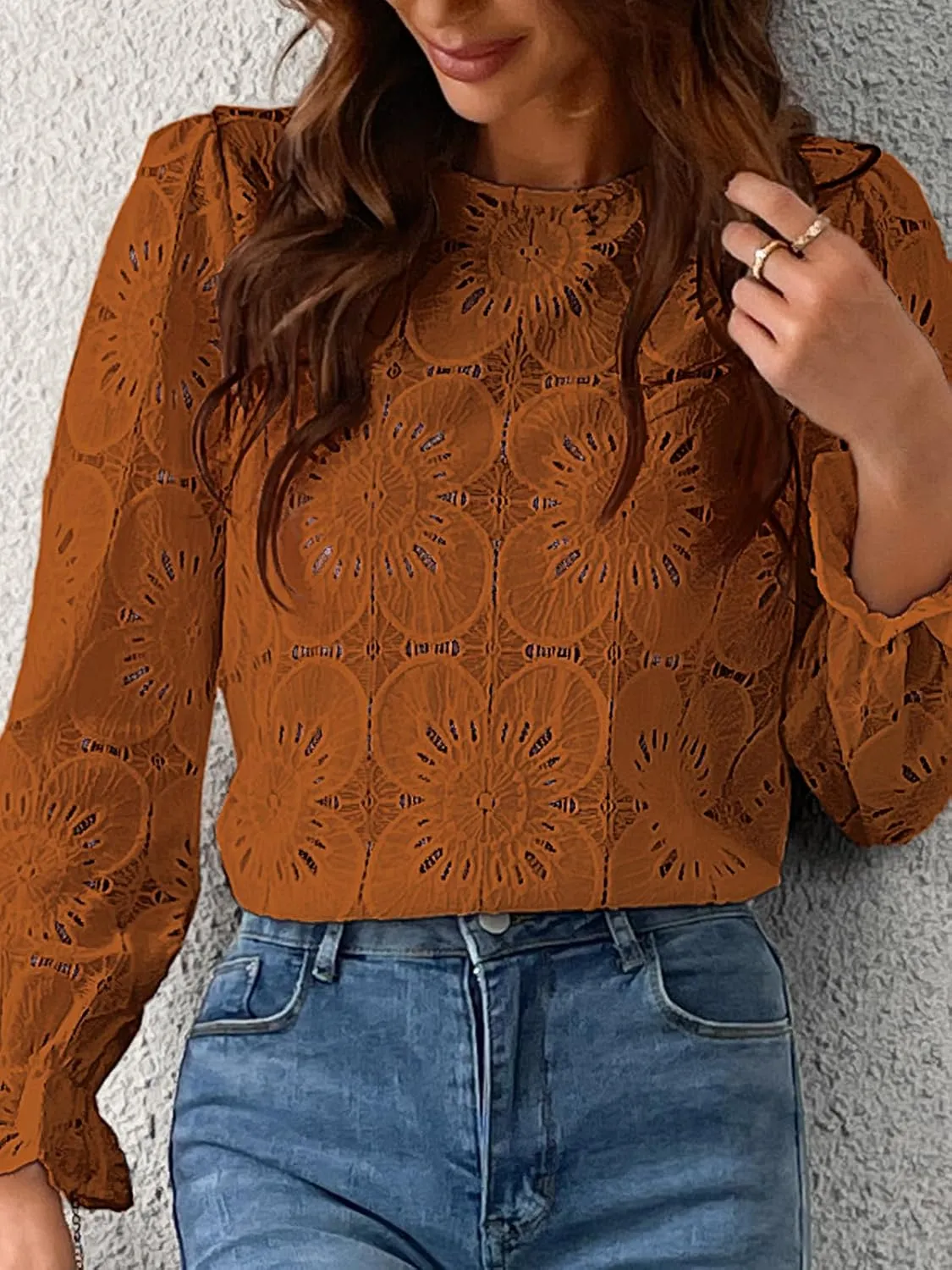 CUPSHE Women Eyelet Long Sleeve Tops Shirts Dressy Hollow Out Crochet Lace Embroidered Blouses 2025 Fashion
