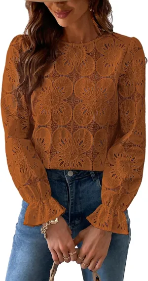 CUPSHE Women Eyelet Long Sleeve Tops Shirts Dressy Hollow Out Crochet Lace Embroidered Blouses 2025 Fashion