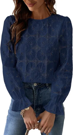 CUPSHE Women Eyelet Long Sleeve Tops Shirts Dressy Hollow Out Crochet Lace Embroidered Blouses 2025 Fashion