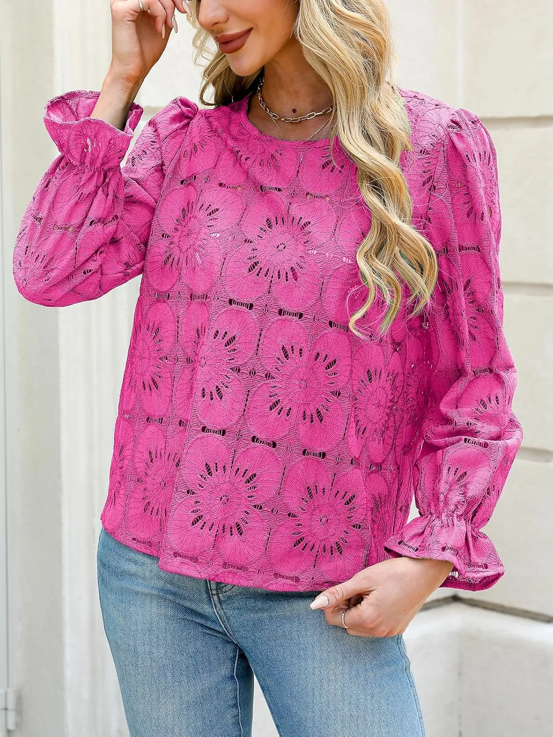 CUPSHE Women Eyelet Long Sleeve Tops Shirts Dressy Hollow Out Crochet Lace Embroidered Blouses 2025 Fashion
