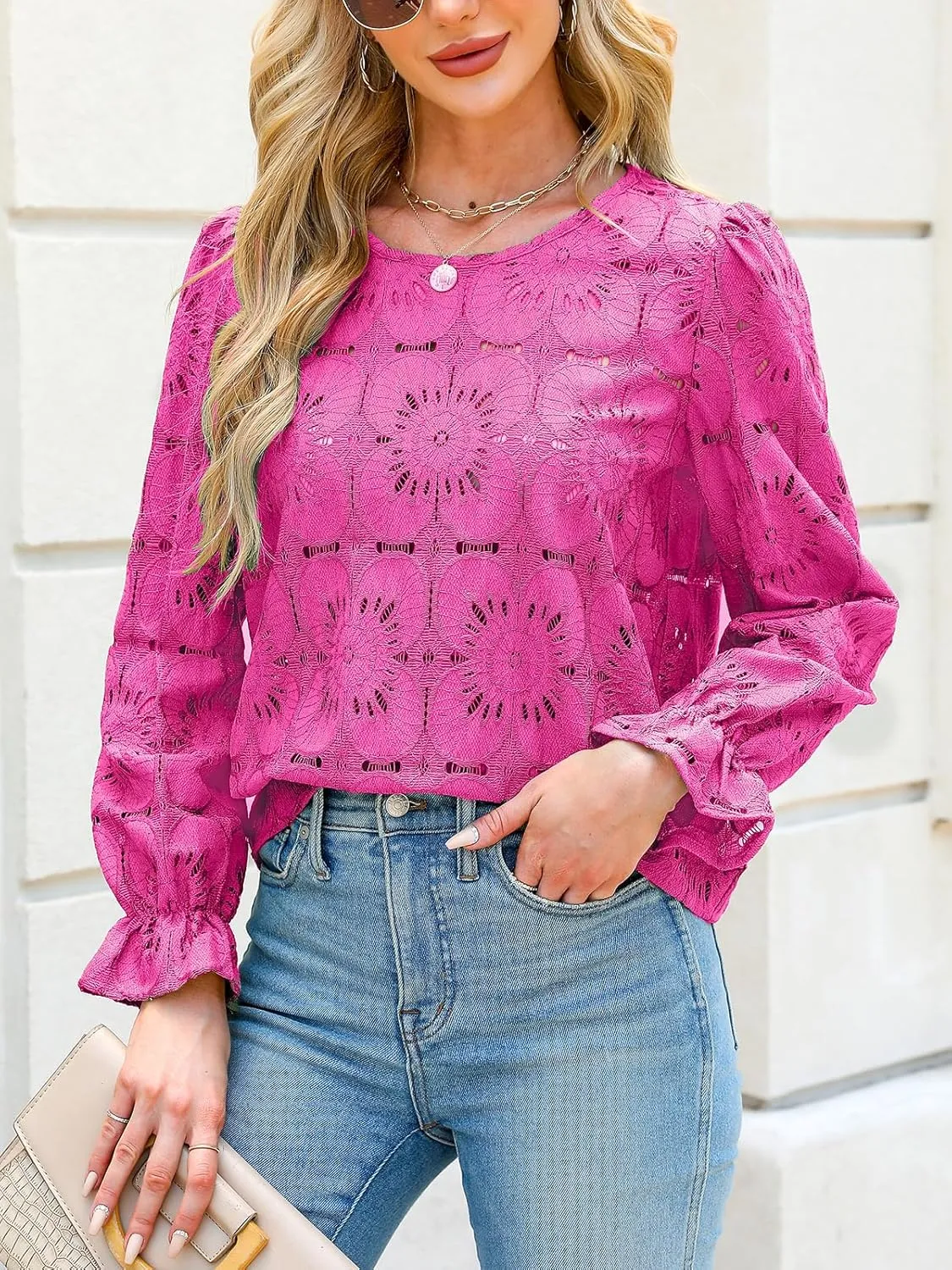CUPSHE Women Eyelet Long Sleeve Tops Shirts Dressy Hollow Out Crochet Lace Embroidered Blouses 2025 Fashion