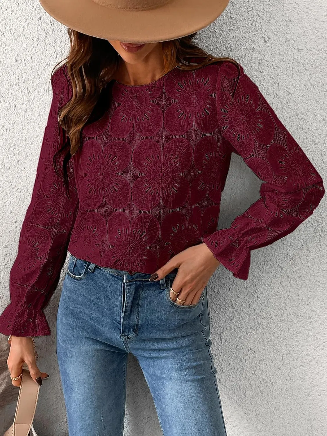 CUPSHE Women Eyelet Long Sleeve Tops Shirts Dressy Hollow Out Crochet Lace Embroidered Blouses 2025 Fashion
