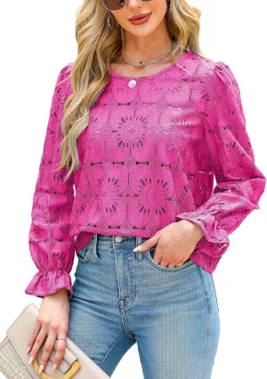 CUPSHE Women Eyelet Long Sleeve Tops Shirts Dressy Hollow Out Crochet Lace Embroidered Blouses 2025 Fashion