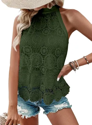 CUPSHE Women's Tank Tops Hollow Out Lace Boho Blouse Eyelet Embroidery Sleeveless Tops Shirts