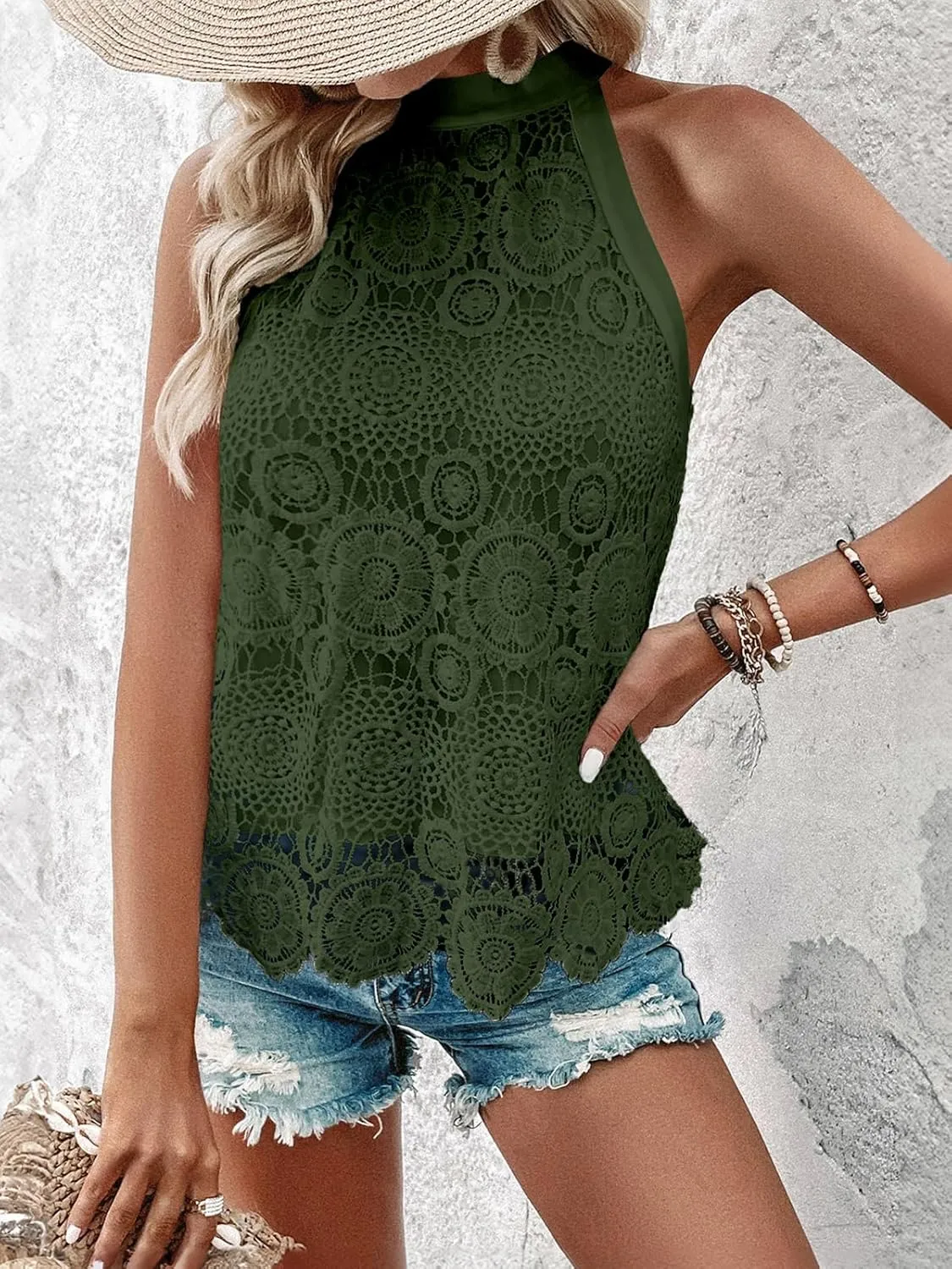 CUPSHE Women's Tank Tops Hollow Out Lace Boho Blouse Eyelet Embroidery Sleeveless Tops Shirts