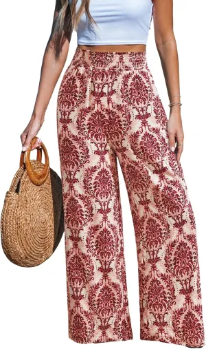 CUPSHE Womens Wide Leg Pants Elastic High Waisted Beach Trousers Cotton Linen Summer Palazzo