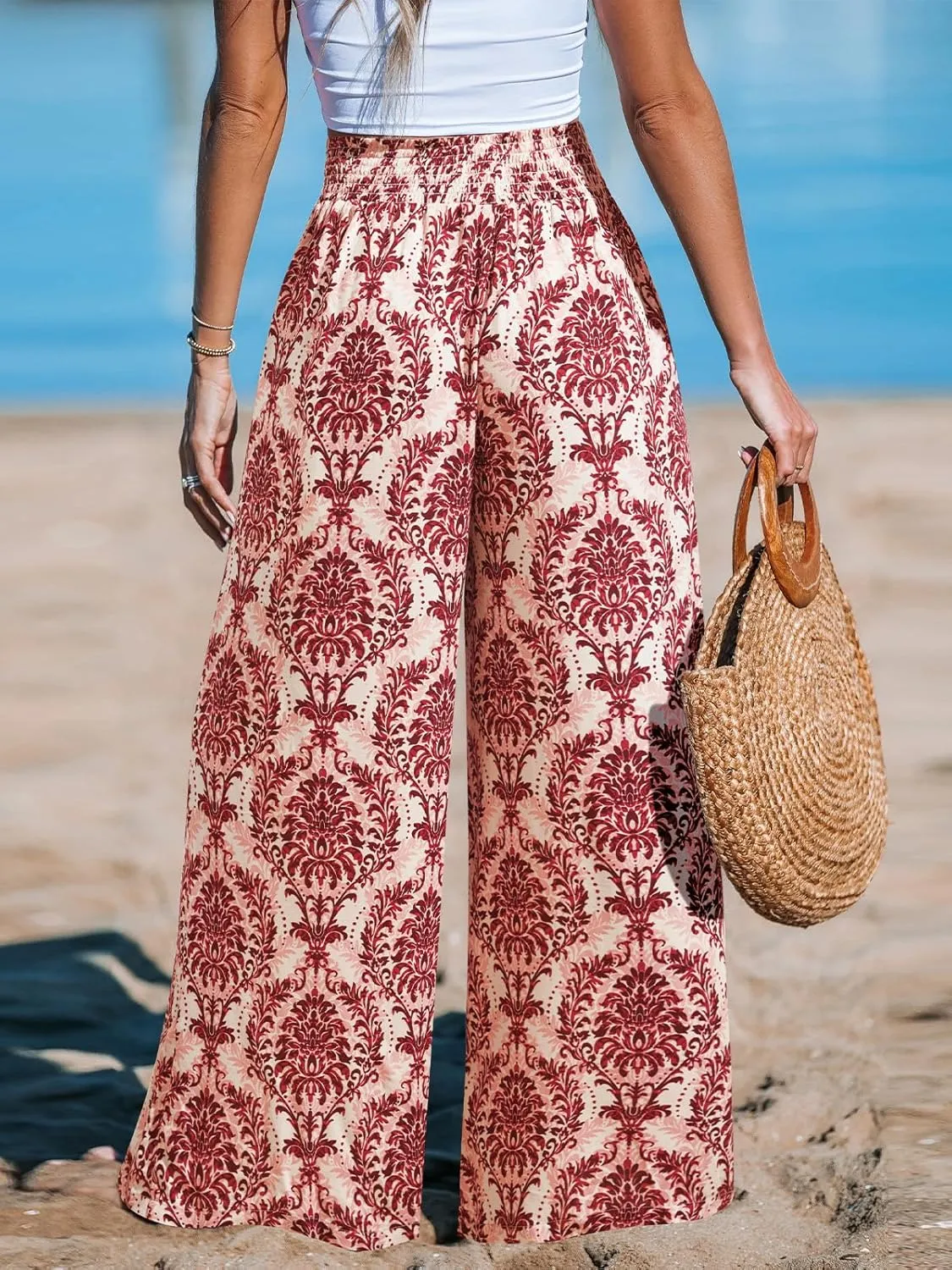 CUPSHE Womens Wide Leg Pants Elastic High Waisted Beach Trousers Cotton Linen Summer Palazzo