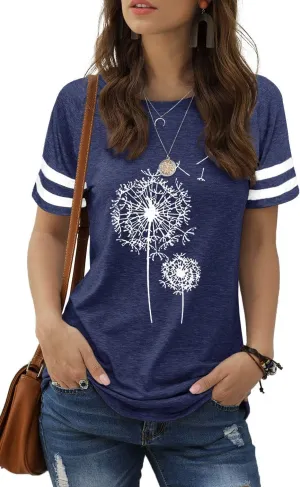Dandelion Shirt for Women Funny Vintage Boho Flower Graphic Shirt Casual Wildflower Botanical Summer Tee Tops