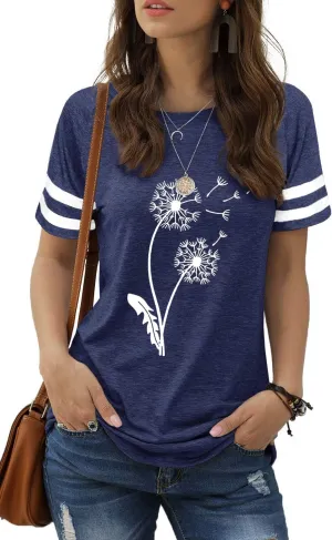 Dandelion Shirt for Women Funny Vintage Boho Flower Graphic Shirt Casual Wildflower Botanical Summer Tee Tops