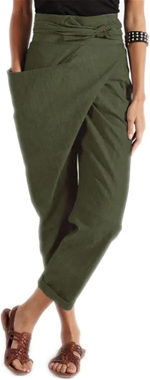 Dawery Women High Waist Irregular Harem Pants Tie One-Side Large Pocket Loose Wide Leg Straight Baggy Ninth Pants Turnip Trousers