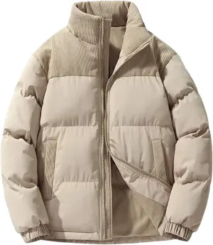 Dcvmvmn Men Winter Down Cotton Jacket Corduroy Patchwork Lightweight Padded Jackets Loose Coat