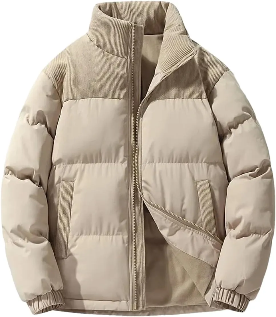 Dcvmvmn Men Winter Down Cotton Jacket Corduroy Patchwork Lightweight Padded Jackets Loose Coat