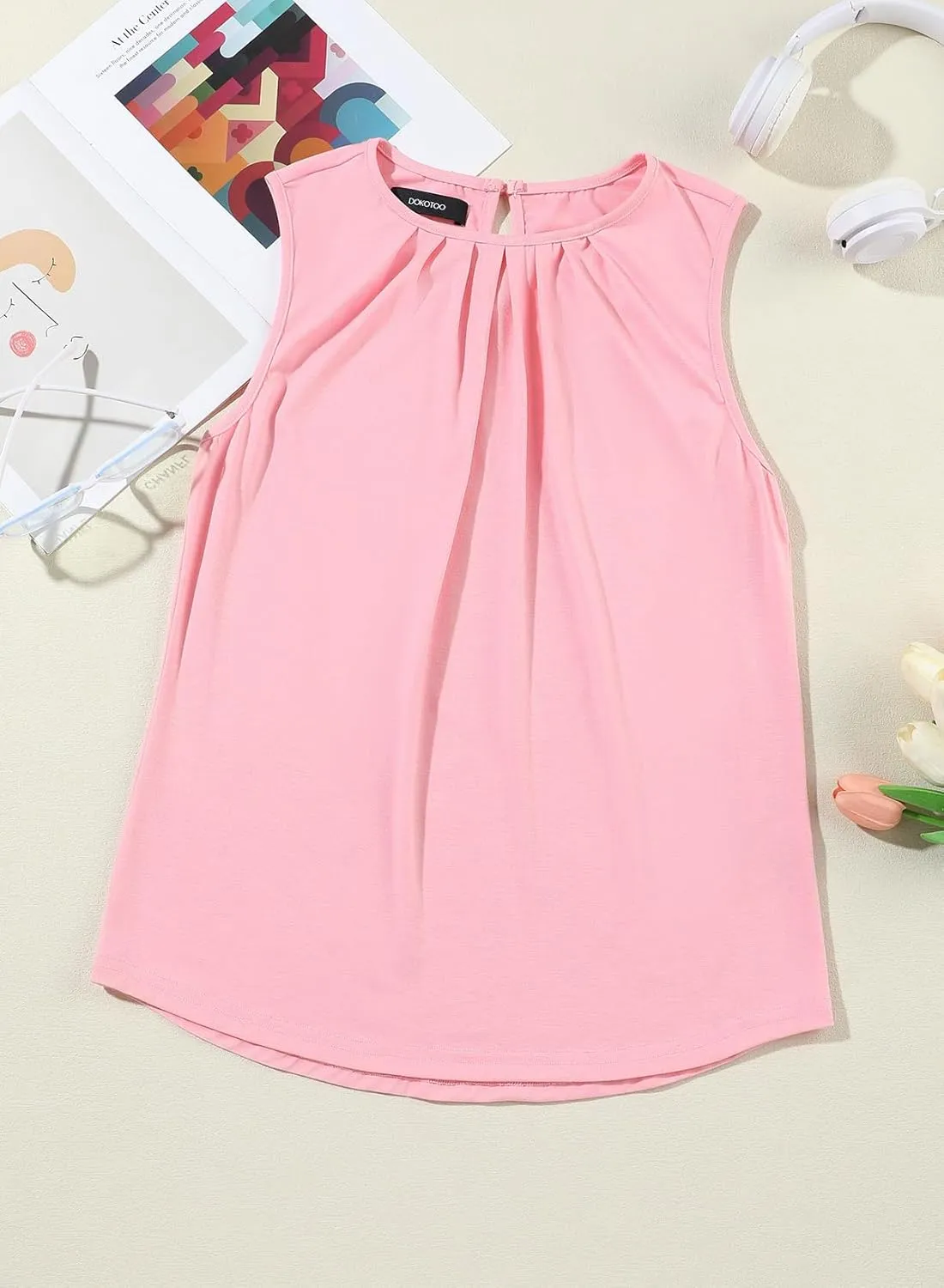 Dokotoo Tank Top for Women Round Neck Pleated Long Flowy Womens Tank Tops Loose Fit Summer Tops Cute Basic 2025