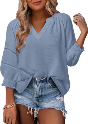 Dokotoo Womens Summer Tops 3/4 Lantern Sleeve Casual V-Neck T-Shirts Pleated Loose Tunic Hollow-Out Blouse