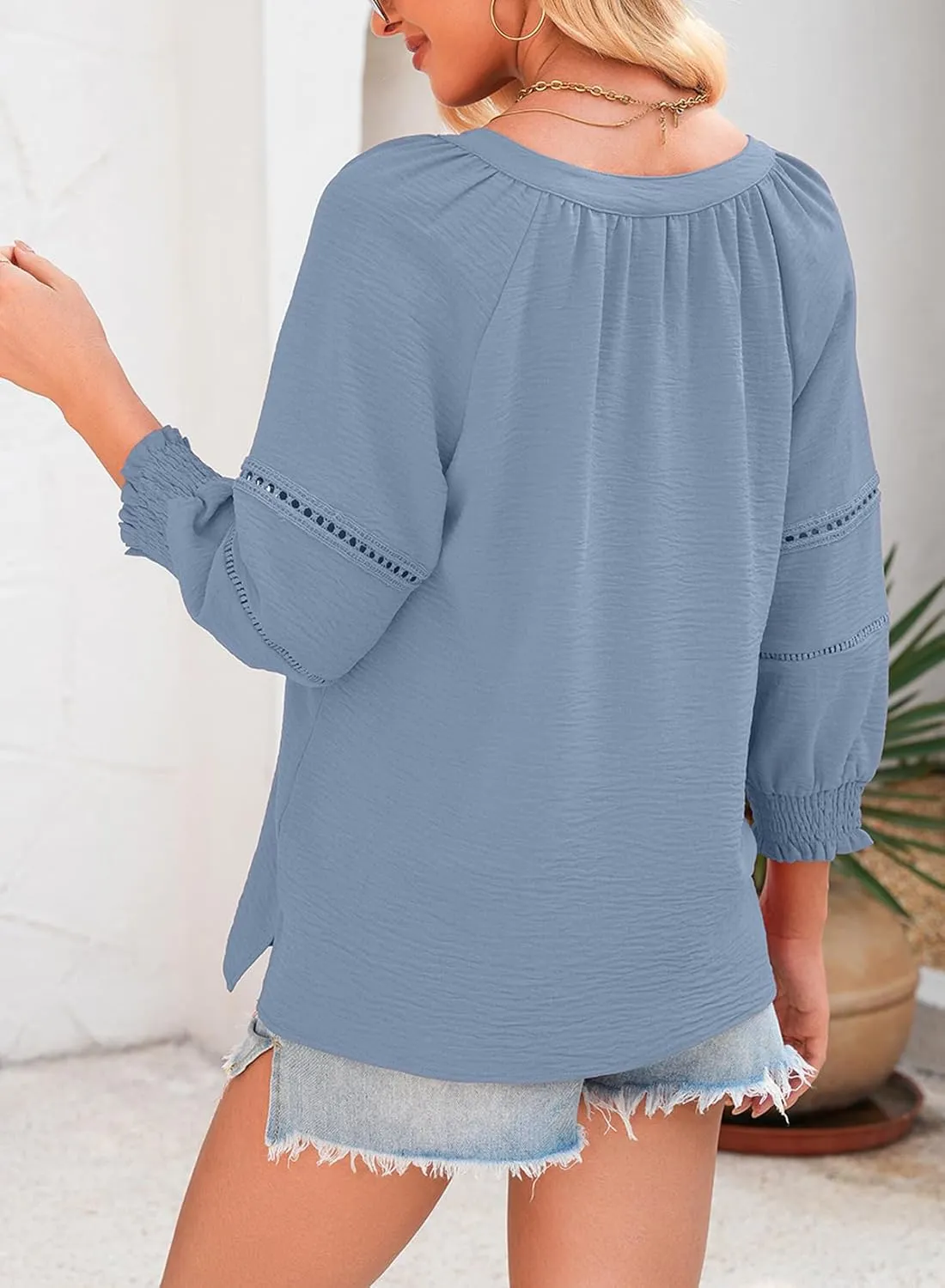 Dokotoo Womens Summer Tops 3/4 Lantern Sleeve Casual V-Neck T-Shirts Pleated Loose Tunic Hollow-Out Blouse