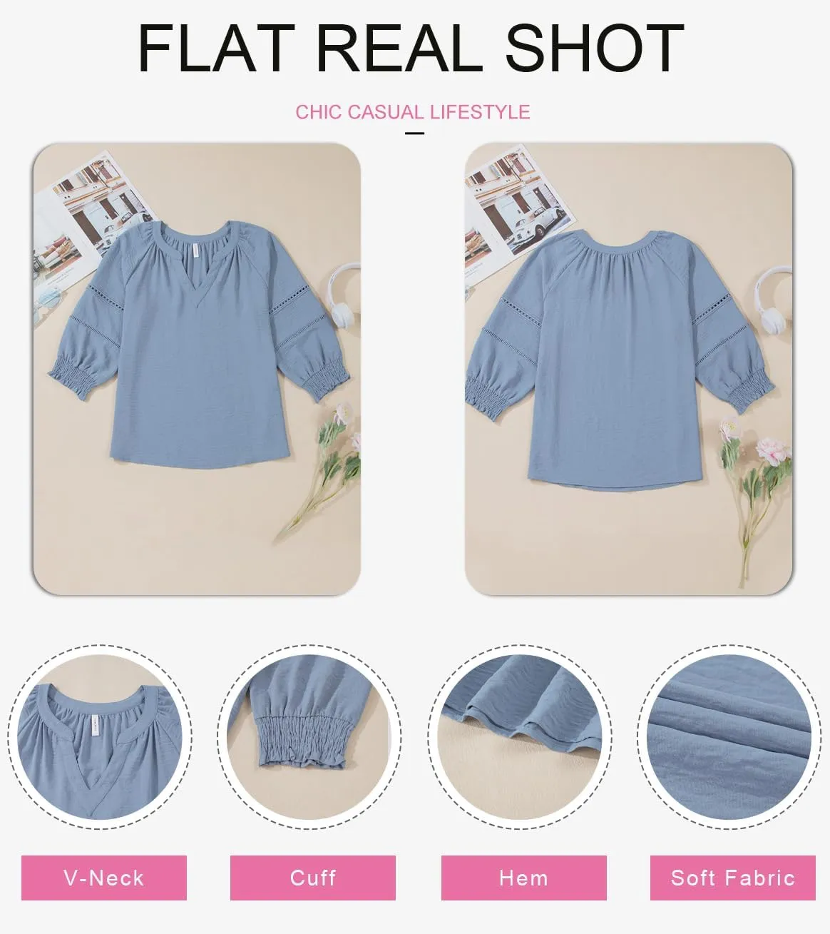 Dokotoo Womens Summer Tops 3/4 Lantern Sleeve Casual V-Neck T-Shirts Pleated Loose Tunic Hollow-Out Blouse