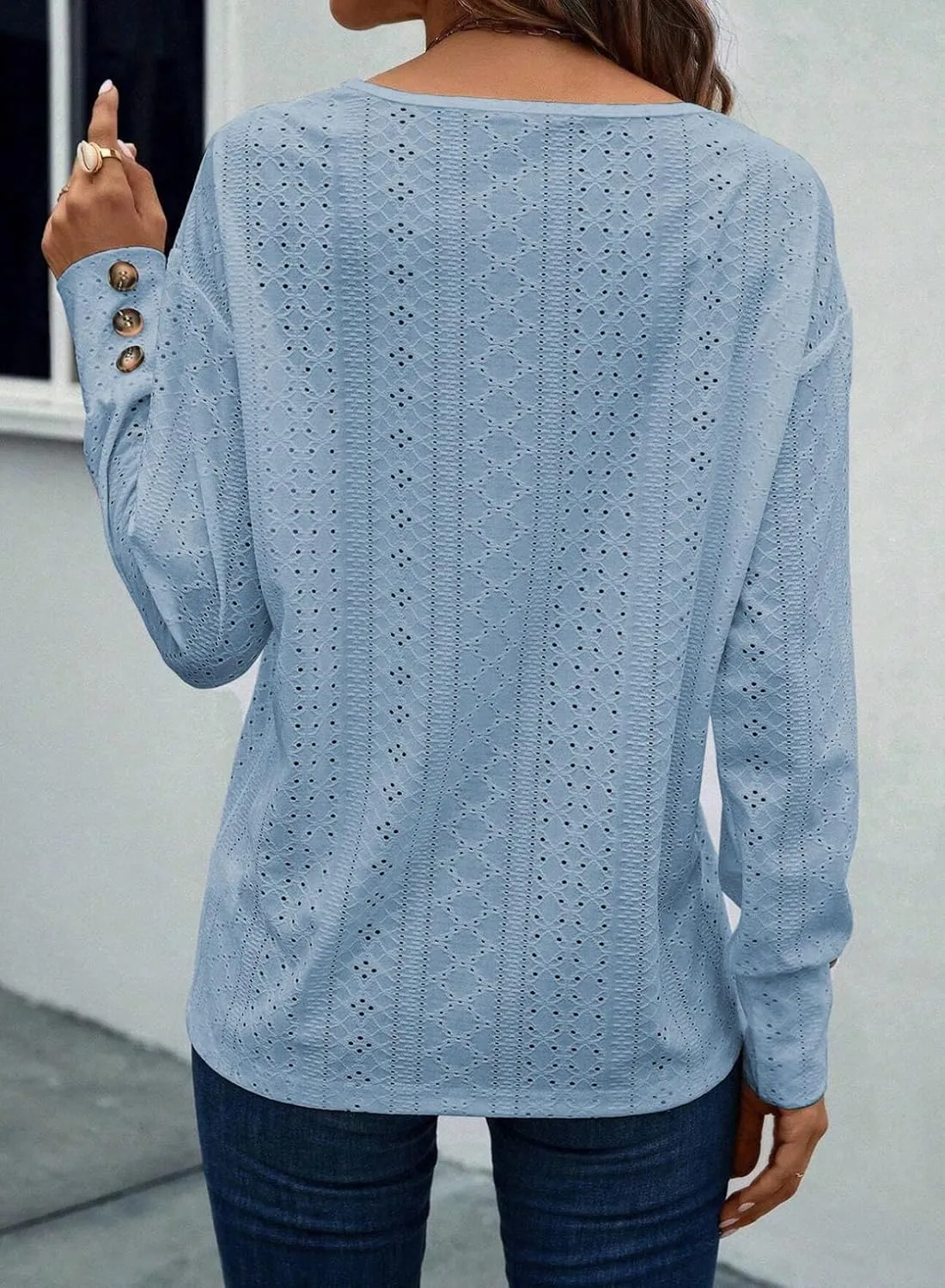 Dokotoo Women's Tops Dressy Casual V Neck Long Sleeve Buttons Hollow Out Lace Embroidered Blouses Shirts