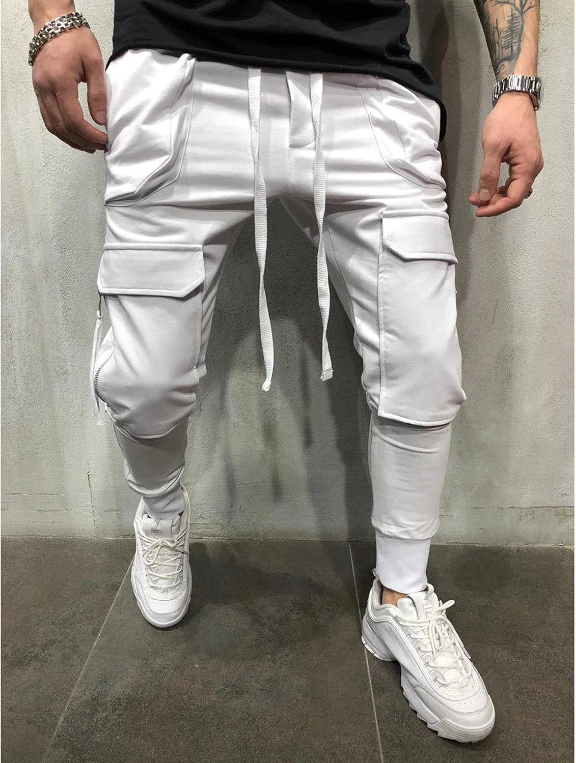 DuDubaby High Waisted Yoga Pants Men's Pockets Pencil Pants Hip Hop Patchwork Sweatpants Mens Pants Slim Fit