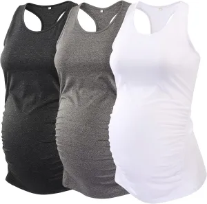 Ecavus 3PCS Women's Maternity Tank Tops Seamless Racerback Workout Athletic Yoga Tops Pregnancy T-Shirt