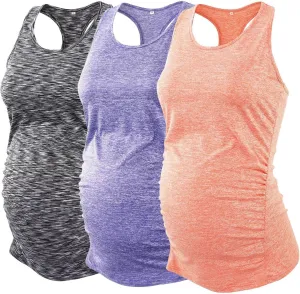 Ecavus 3PCS Women's Maternity Tank Tops Seamless Racerback Workout Athletic Yoga Tops Pregnancy T-Shirt