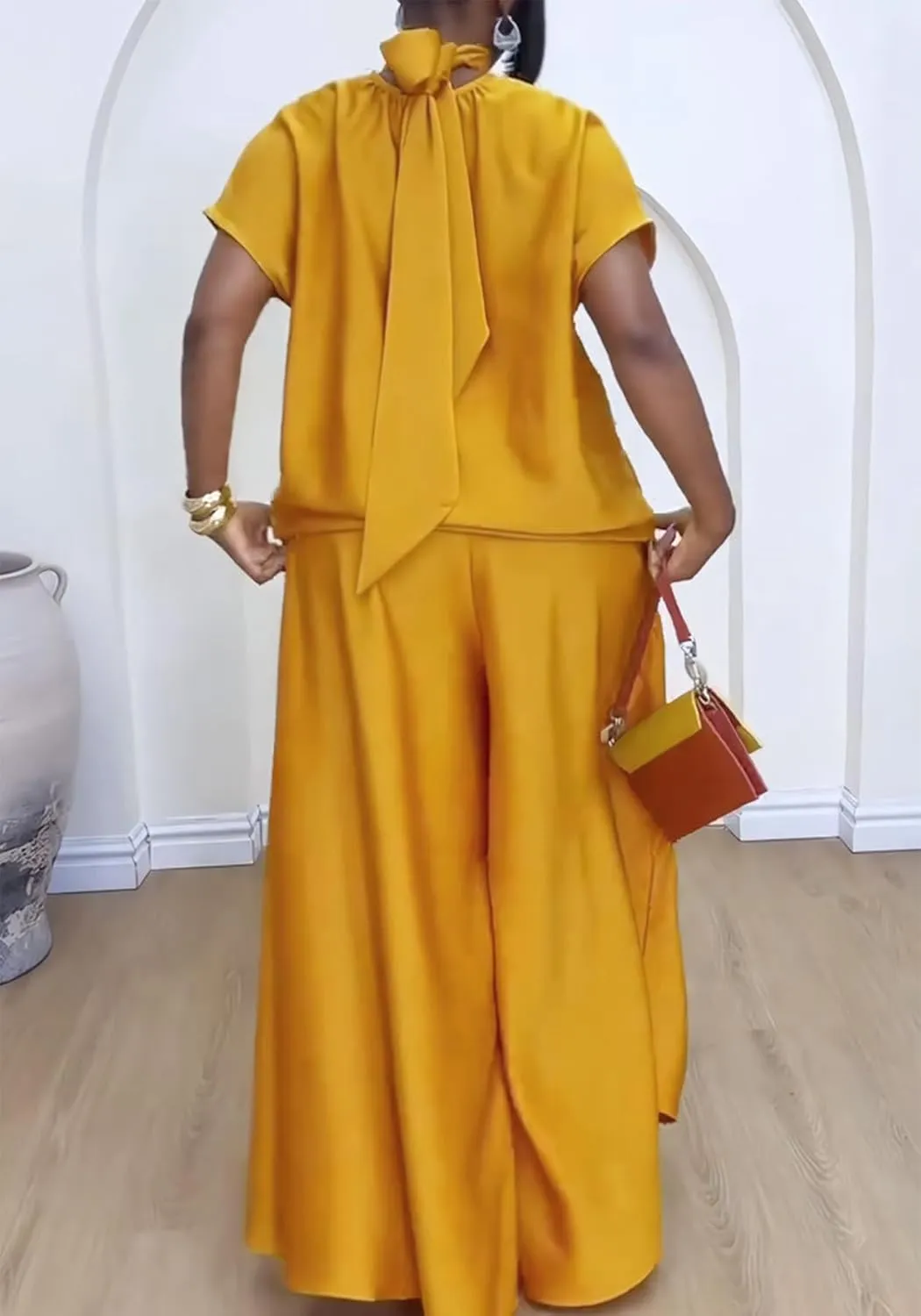 Ecirod Womens 2 Piece Church Outfits Turtleneck Bow Tie Cap Sleeve Tops High Waisted Flowy Wide Leg Palazzo Pants Set