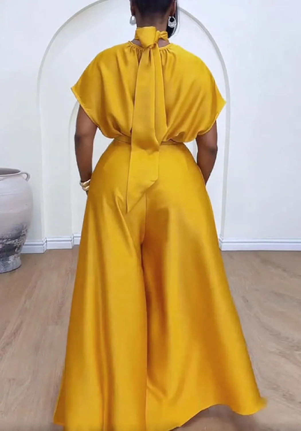 Ecirod Womens 2 Piece Church Outfits Turtleneck Bow Tie Cap Sleeve Tops High Waisted Flowy Wide Leg Palazzo Pants Set